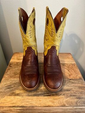 Ariat Brown and Yellow Leather Western Heeled Boots